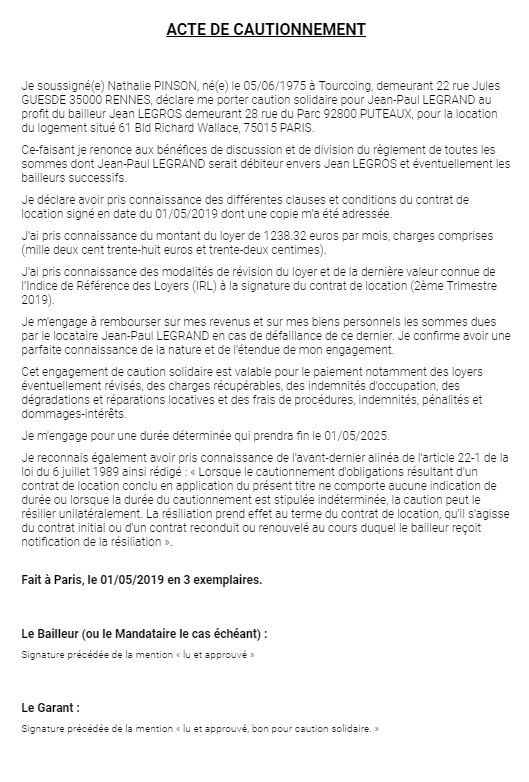 Acte de cautionnement solidaire à durée déterminée