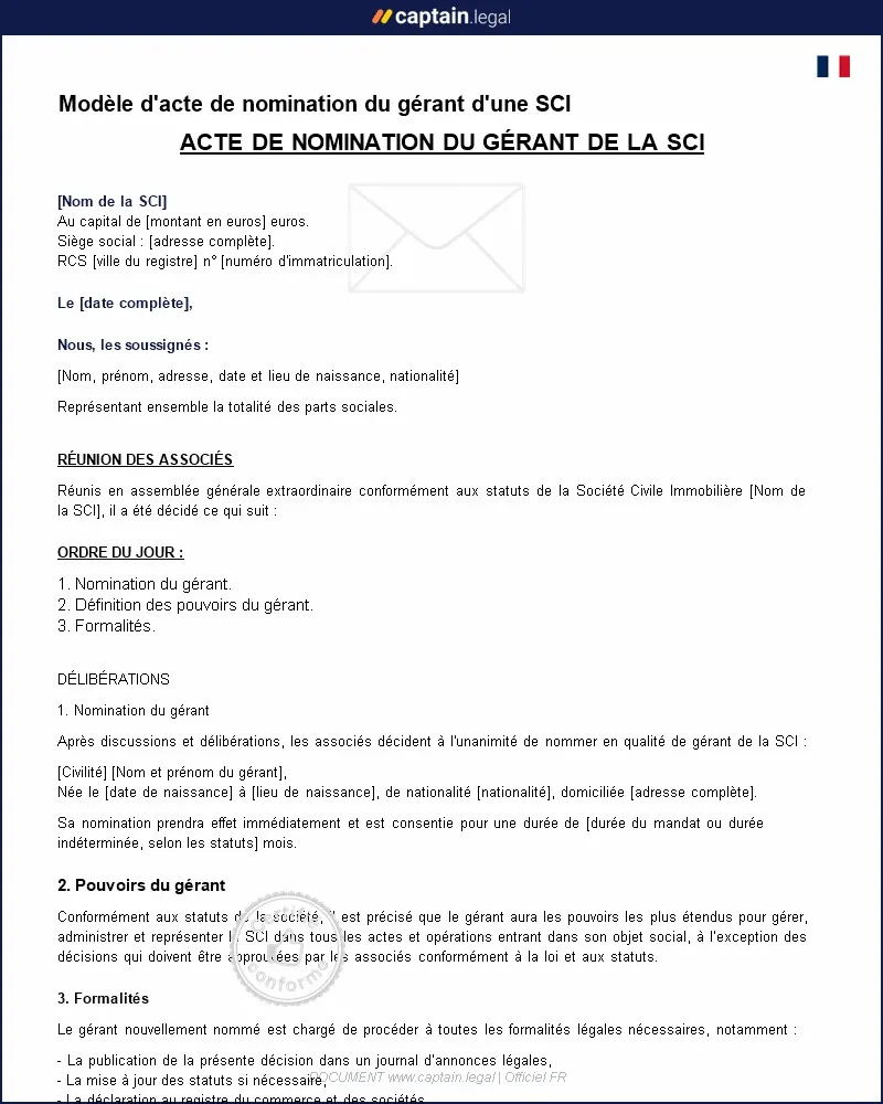 Personnalisez : Modèle Acte de nomination du gérant d'une SCI - PDF et Word