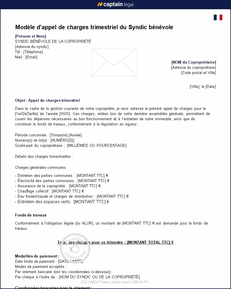 Personnalisez : Modèle d'appel de charges trimestriel du Syndic bénévole