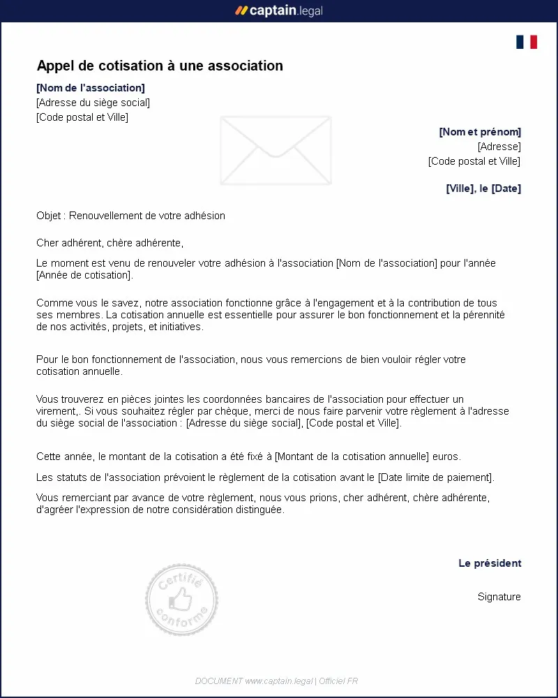 Personnalisez : Lettre d'appel de cotisation aux membres d'une association