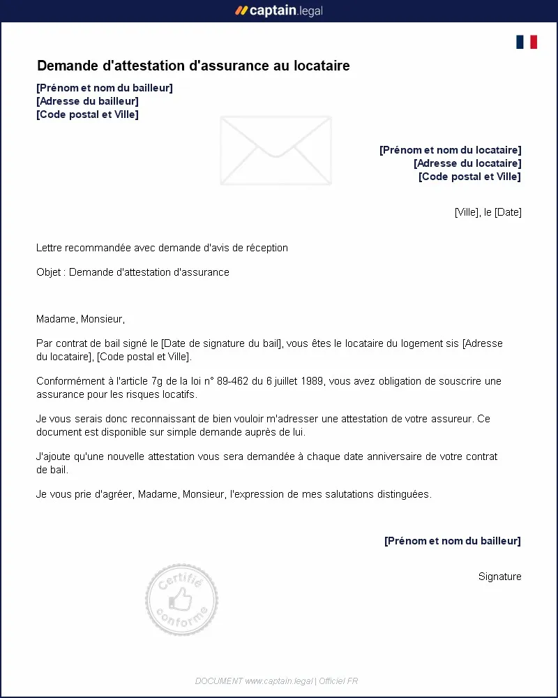 Personnalisez : Demande d'attestation d'assurance au locataire