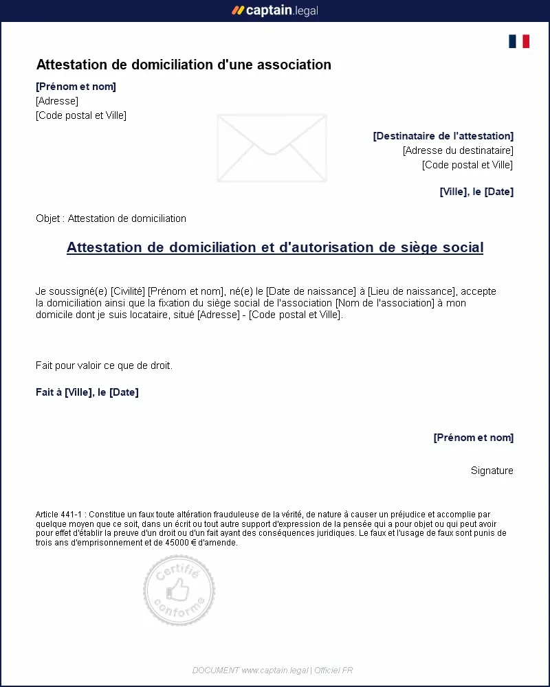Personnalisez : Attestation de domiciliation d'une association