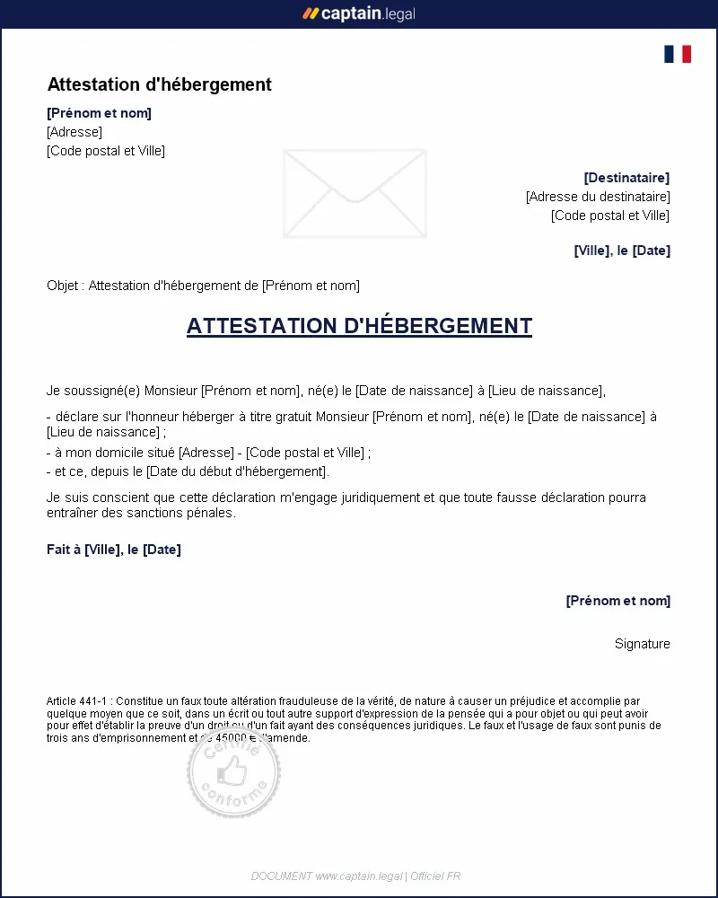 Personnalisez : Modèle d'attestation d'hébergement à remplir