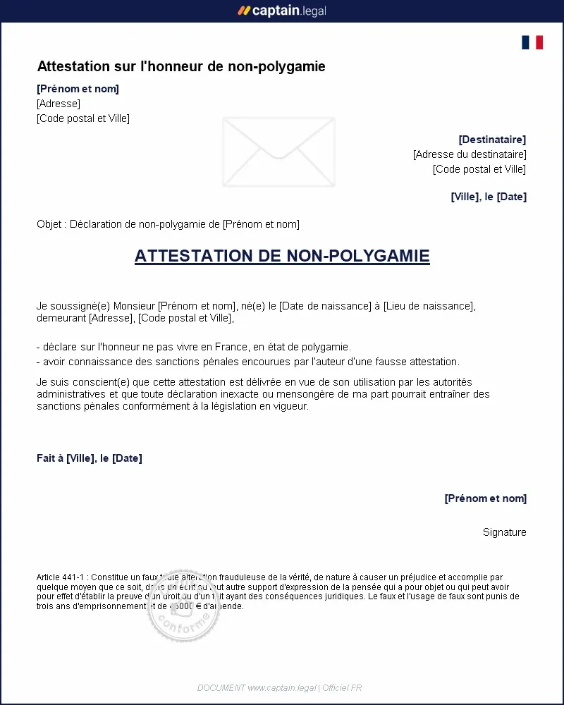 Personnalisez : Attestation sur l'honneur de non-polygamie