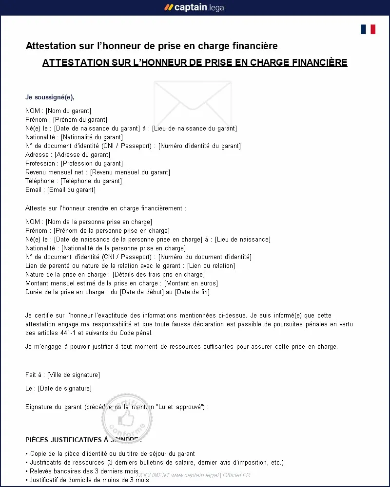 Personnalisez : Attestation sur l'honneur de prise en charge financière : modèle et explications
