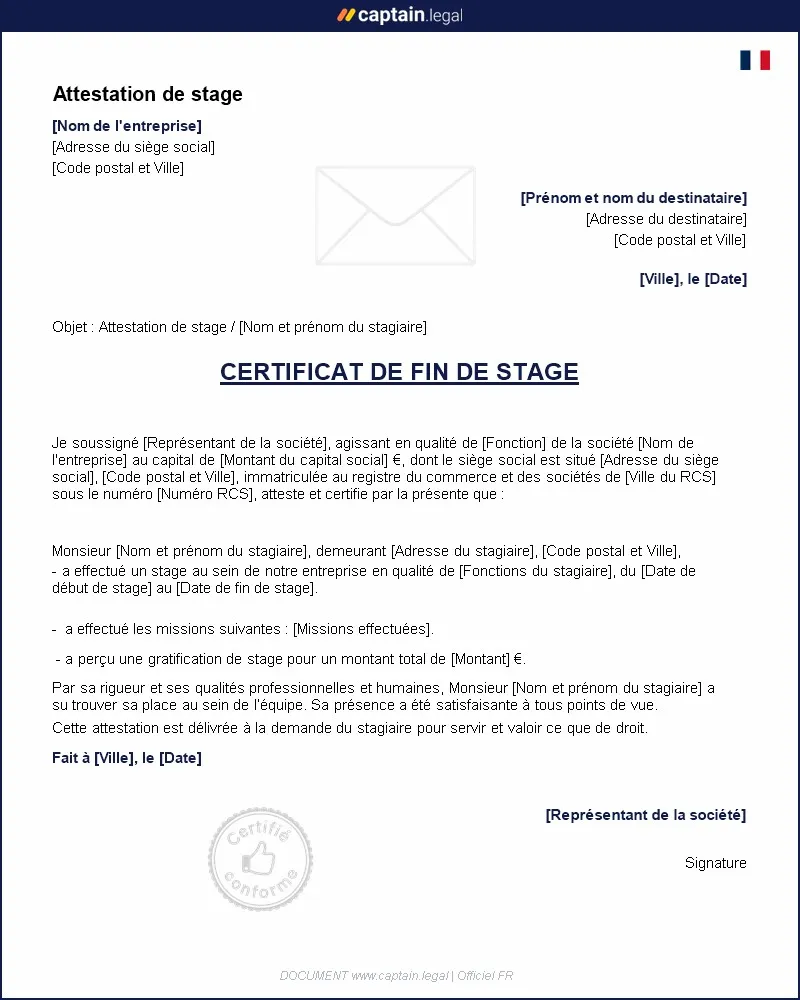 Personnalisez : Attestation de stage - Certificat de fin de stage