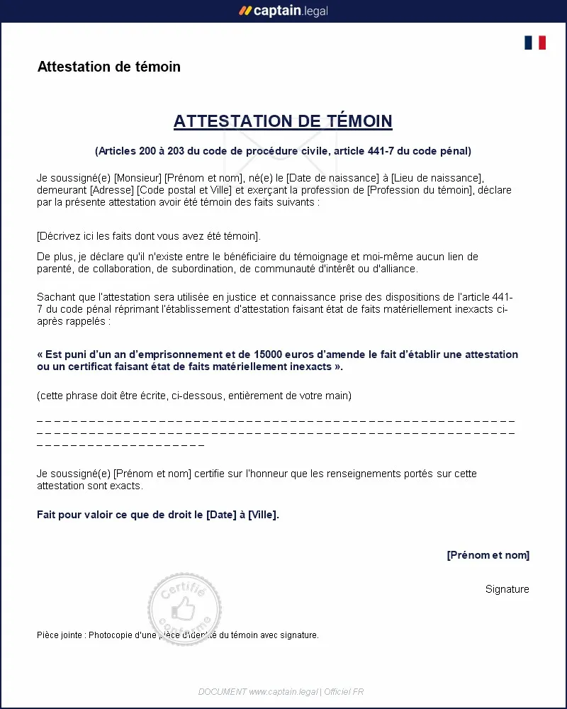 Personnalisez : Modèle d'attestation de témoin à personnaliser