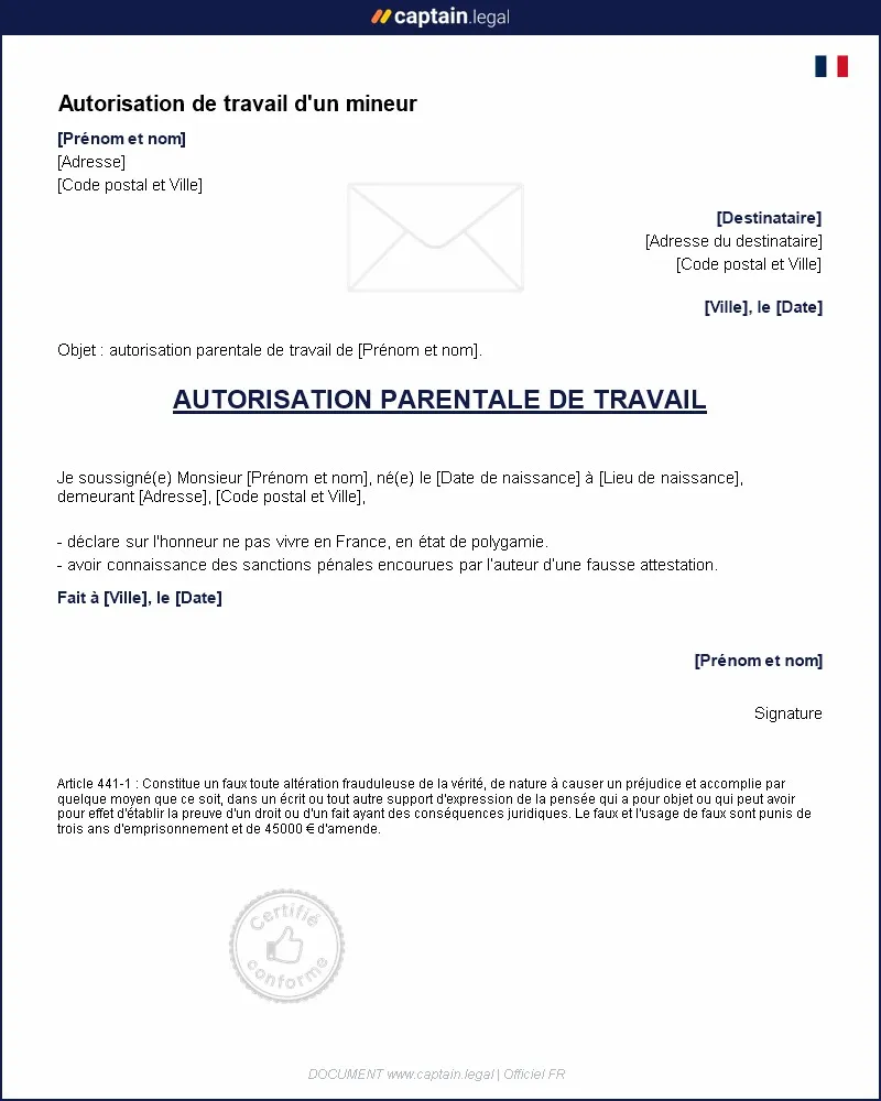 Personnalisez : Autorisation de travail pour un enfant mineur - modèle à télécharger