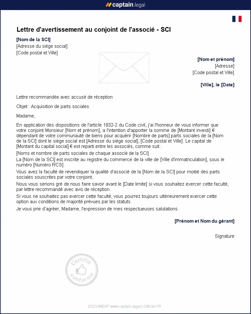 Personnalisez : Lettre d'avertissement au conjoint de l'associé - SCI