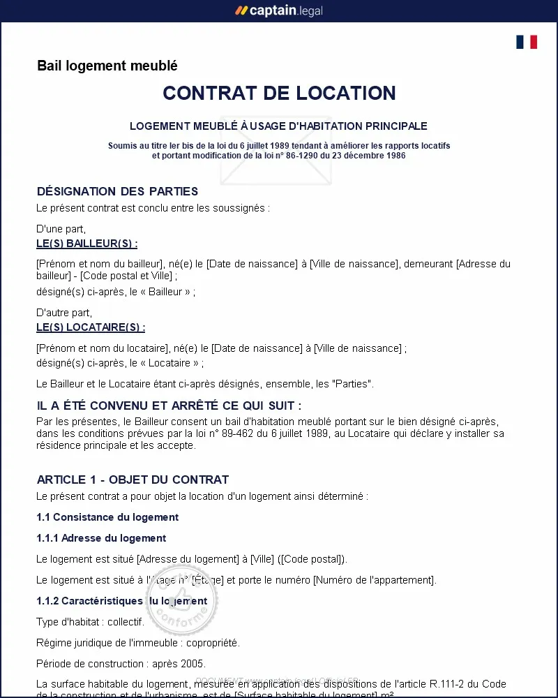 Personnalisez : Contrat de location - Logement meublé