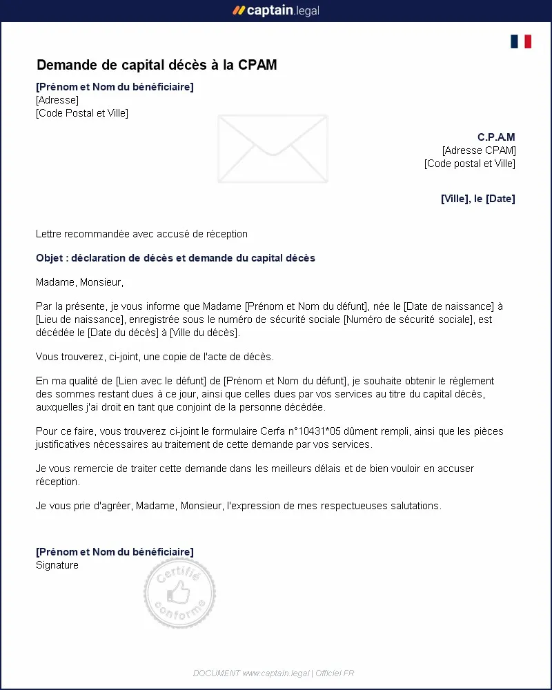 Personnalisez : Modèle de demande du capital décès à la CPAM