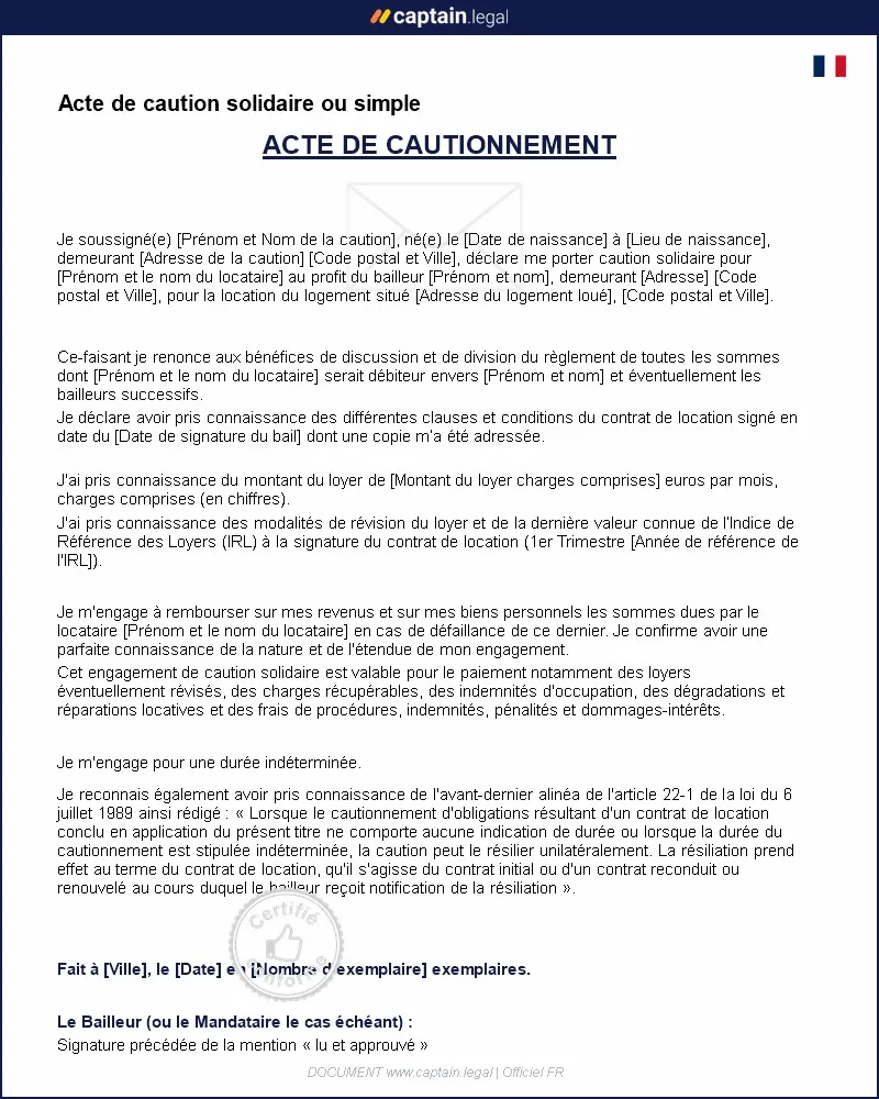 Personnalisez : Modèle d'acte de caution solidaire (ou simple)