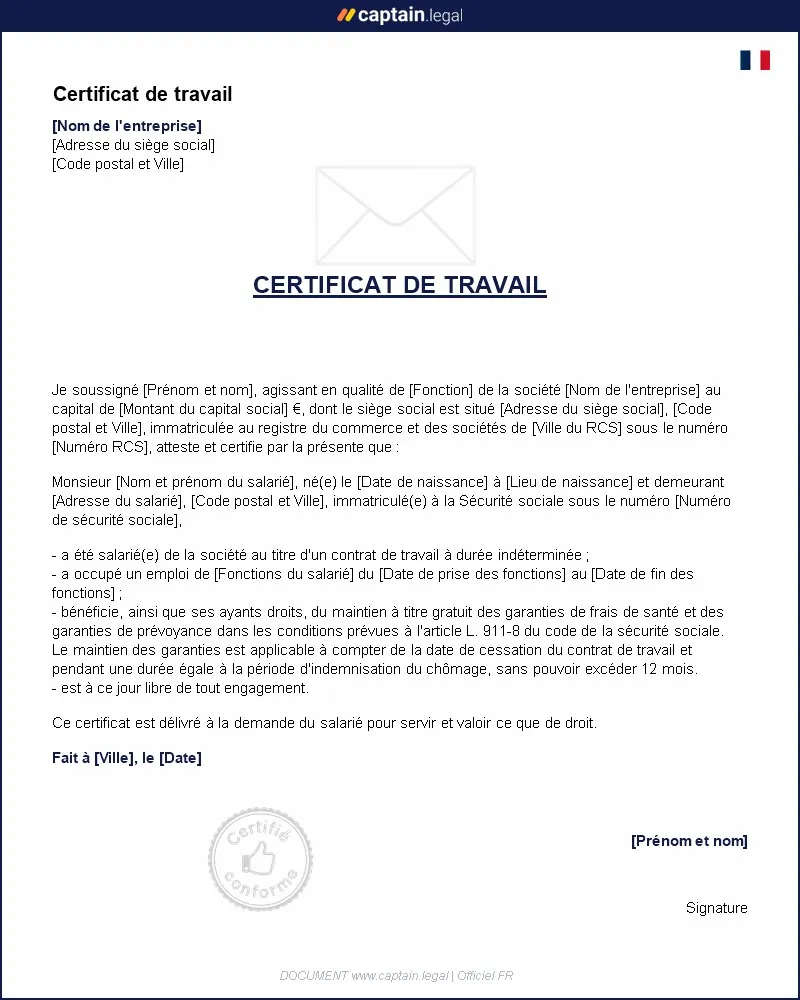 Personnalisez : Modèle de certificat de travail