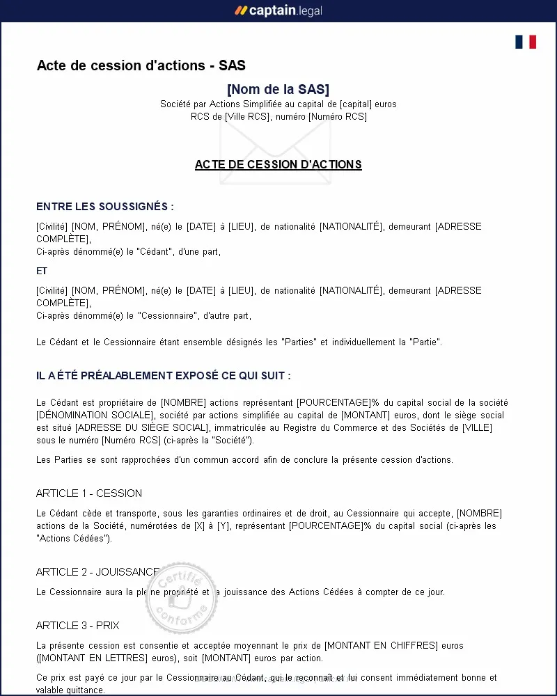 Personnalisez : Modèle d'acte de cession d'actions SAS - PDF et Word