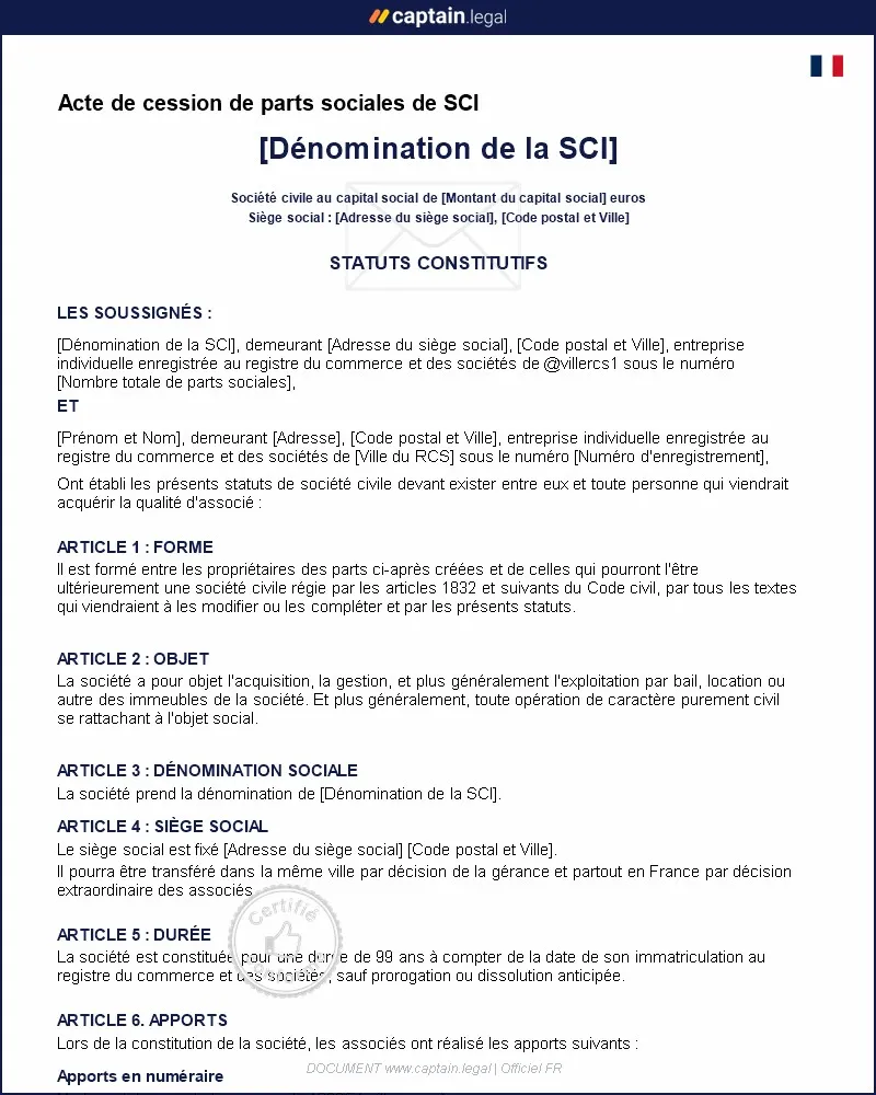 Personnalisez : Acte de cession de parts sociales de SCI - PDF et Word