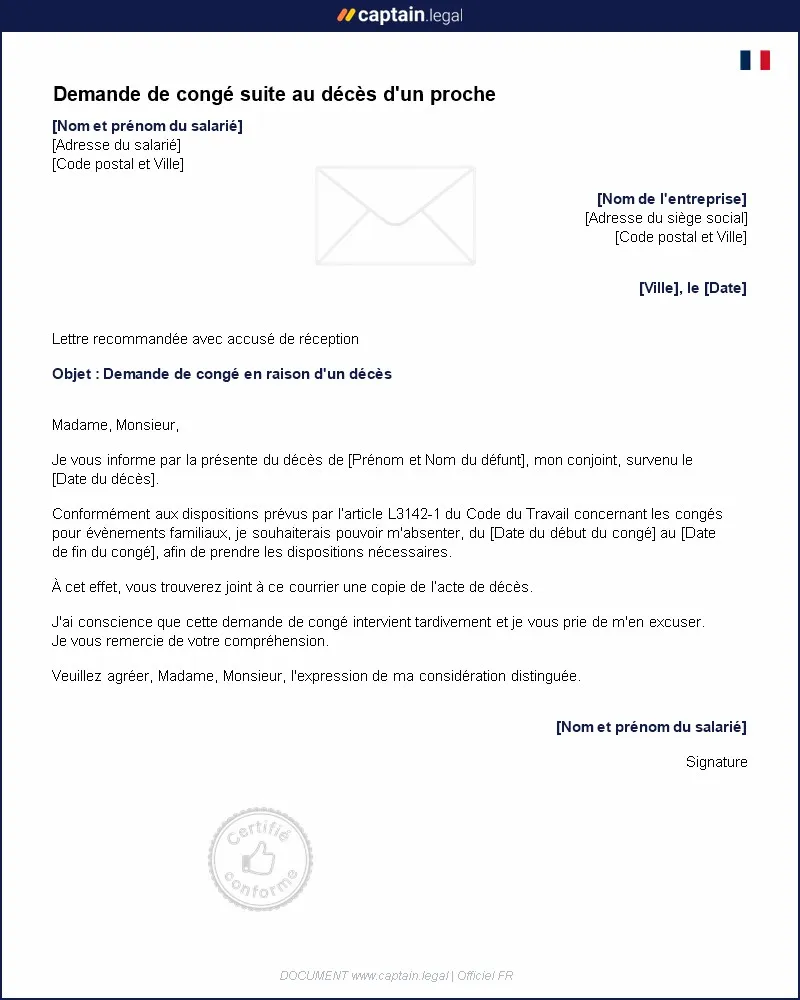 Personnalisez : Demande de congé suite au décès d'un proche