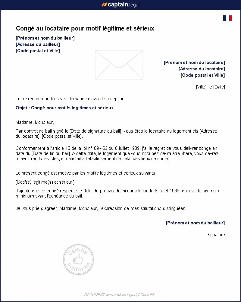 Personnalisez : Congé au locataire pour motif légitime et sérieux