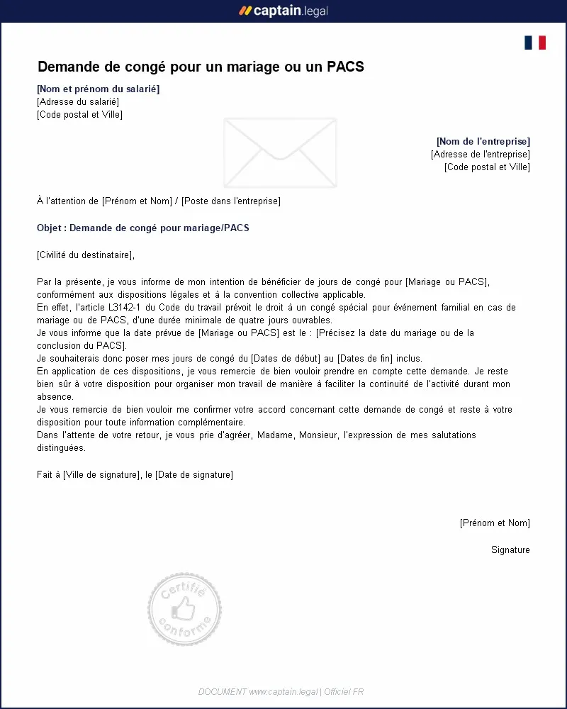 Personnalisez : Demande de congé pour un mariage ou un PACS