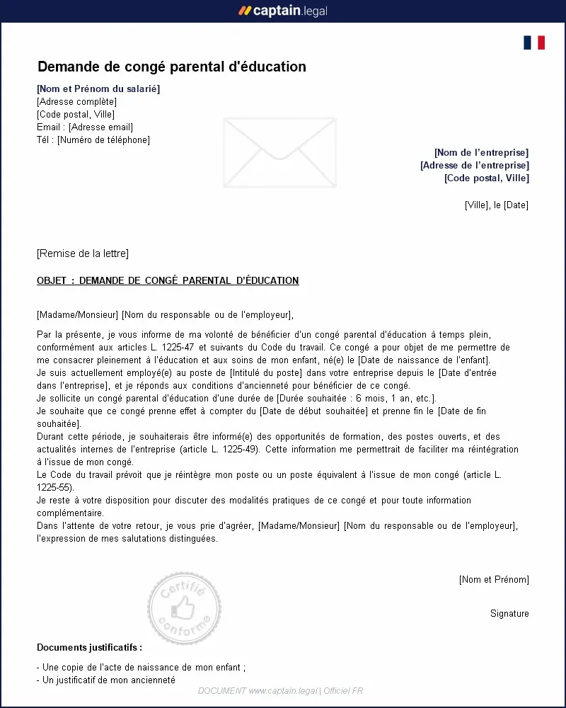 Personnalisez : Lettre de demande de congé parental à temps plein PDF & Word