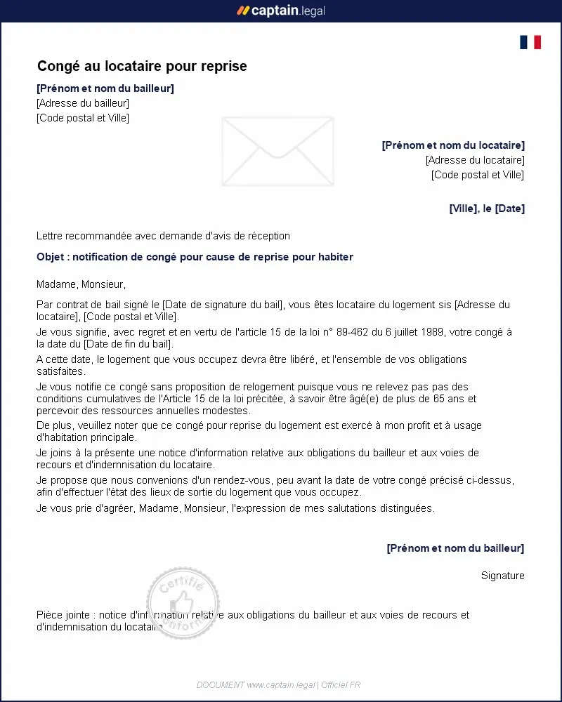 Personnalisez : Congé au locataire pour reprise du logement