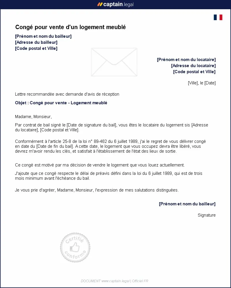 Personnalisez : Congé pour vente d'un logement meublé