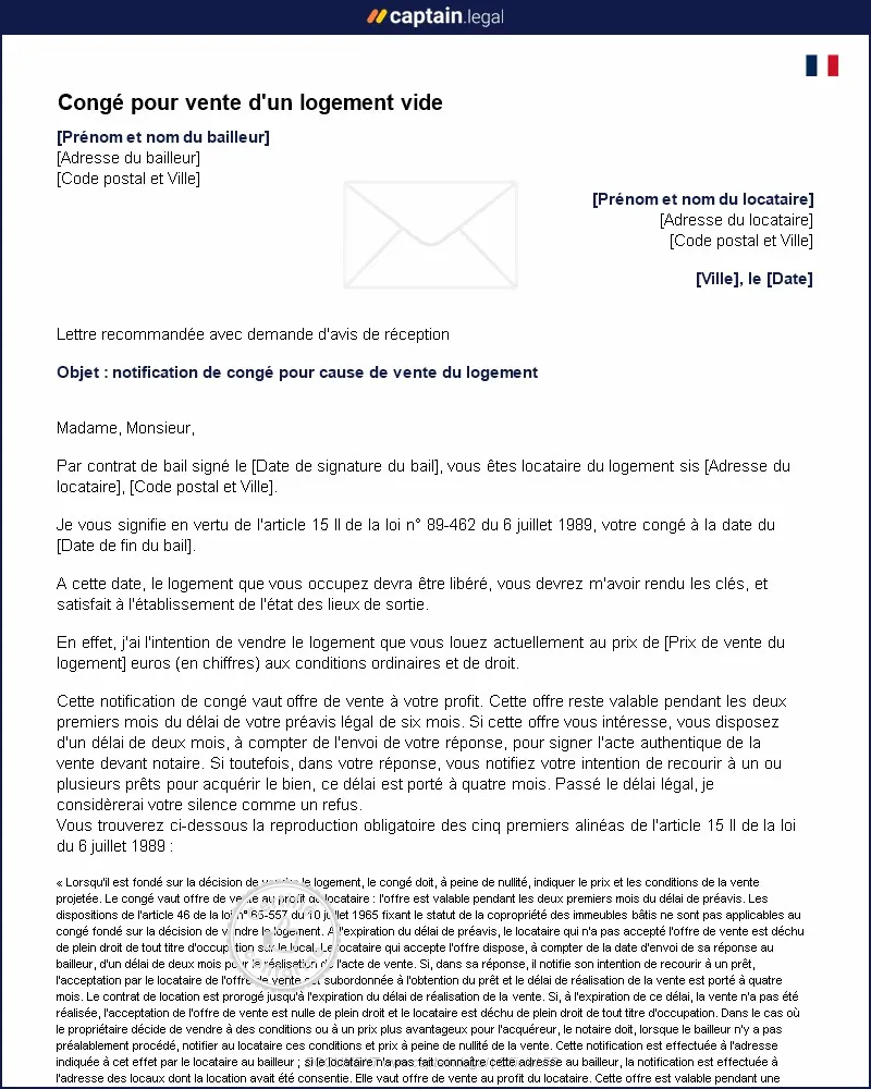Personnalisez : Congé au locataire pour vente d'un logement vide