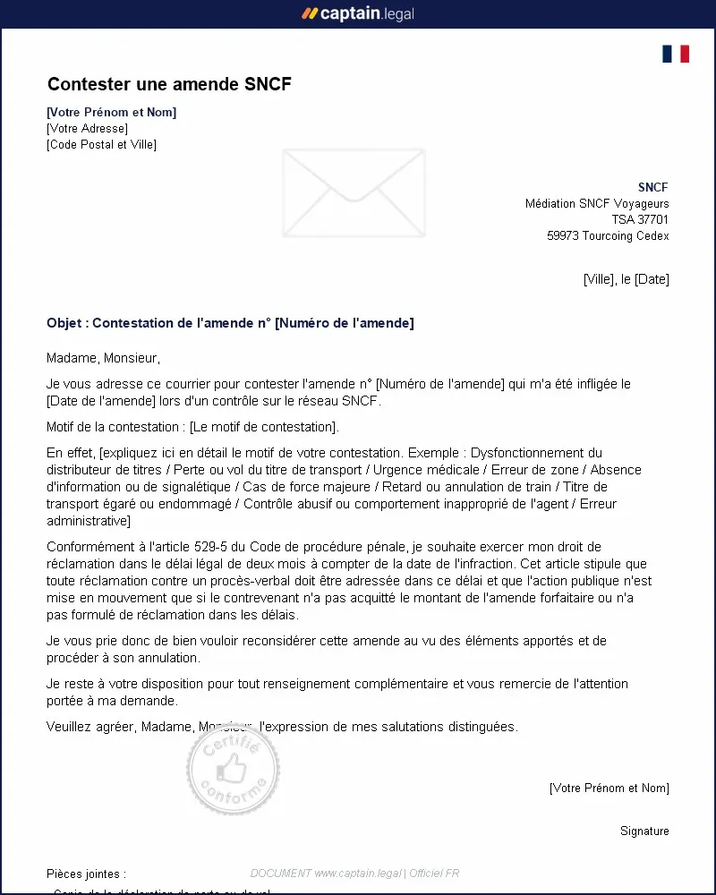 Personnalisez : Comment contester une amende SNCF - Word et PDF
