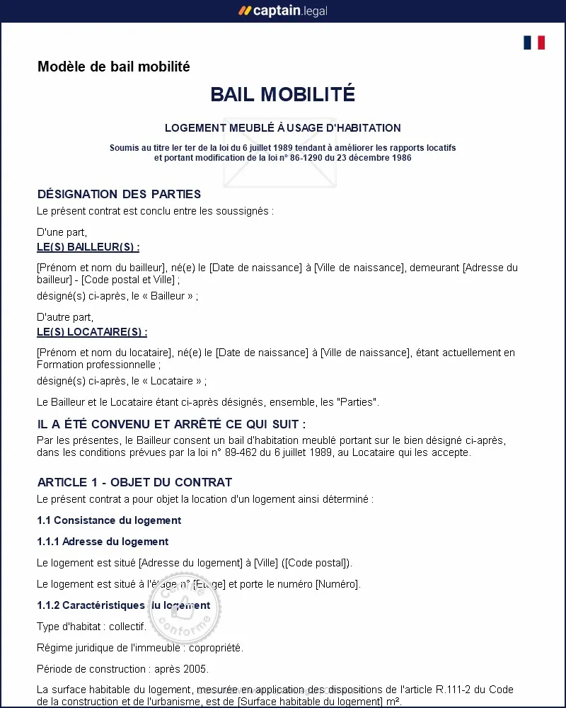 Personnalisez : Modèle de bail mobilité