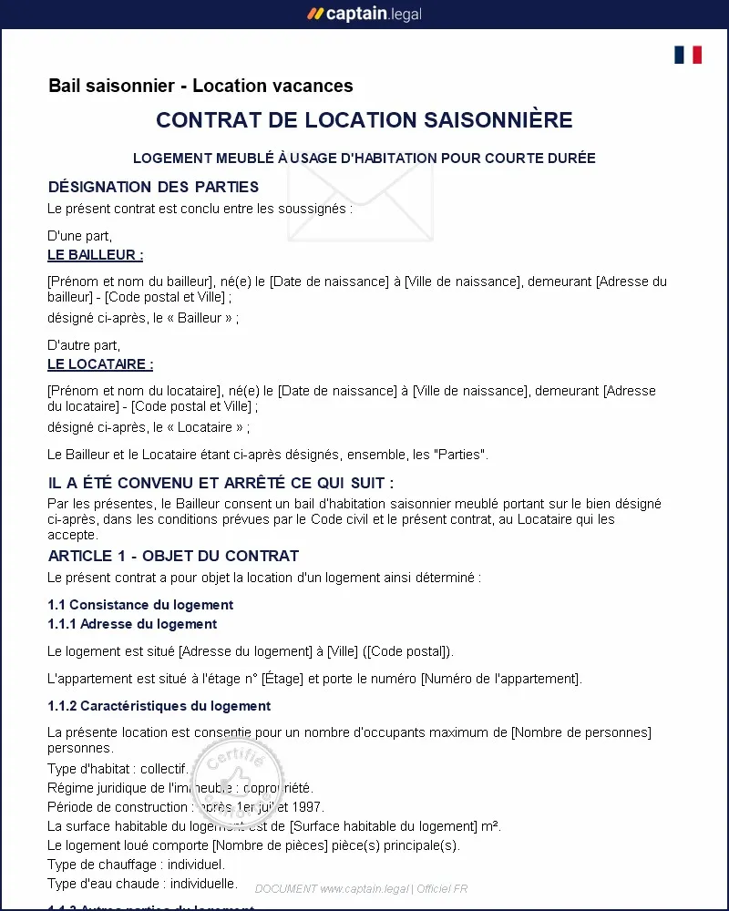 Personnalisez : Modèle de contrat de location vacances - Bail saisonnier à personnaliser