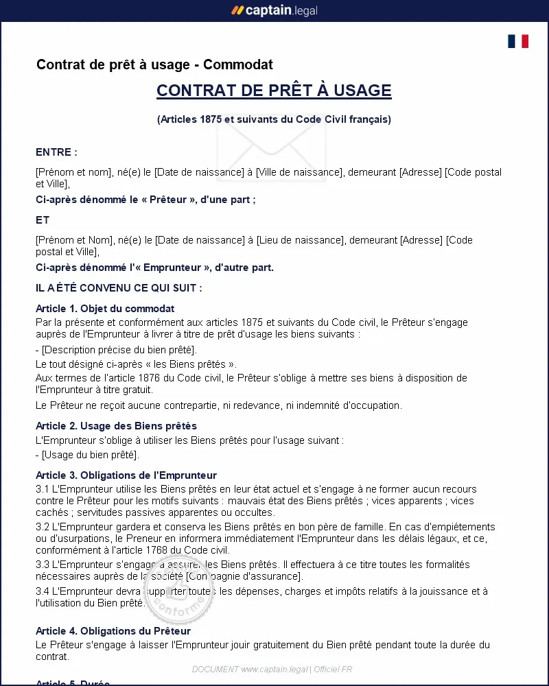 Personnalisez : Contrat de prêt à usage - Commodat