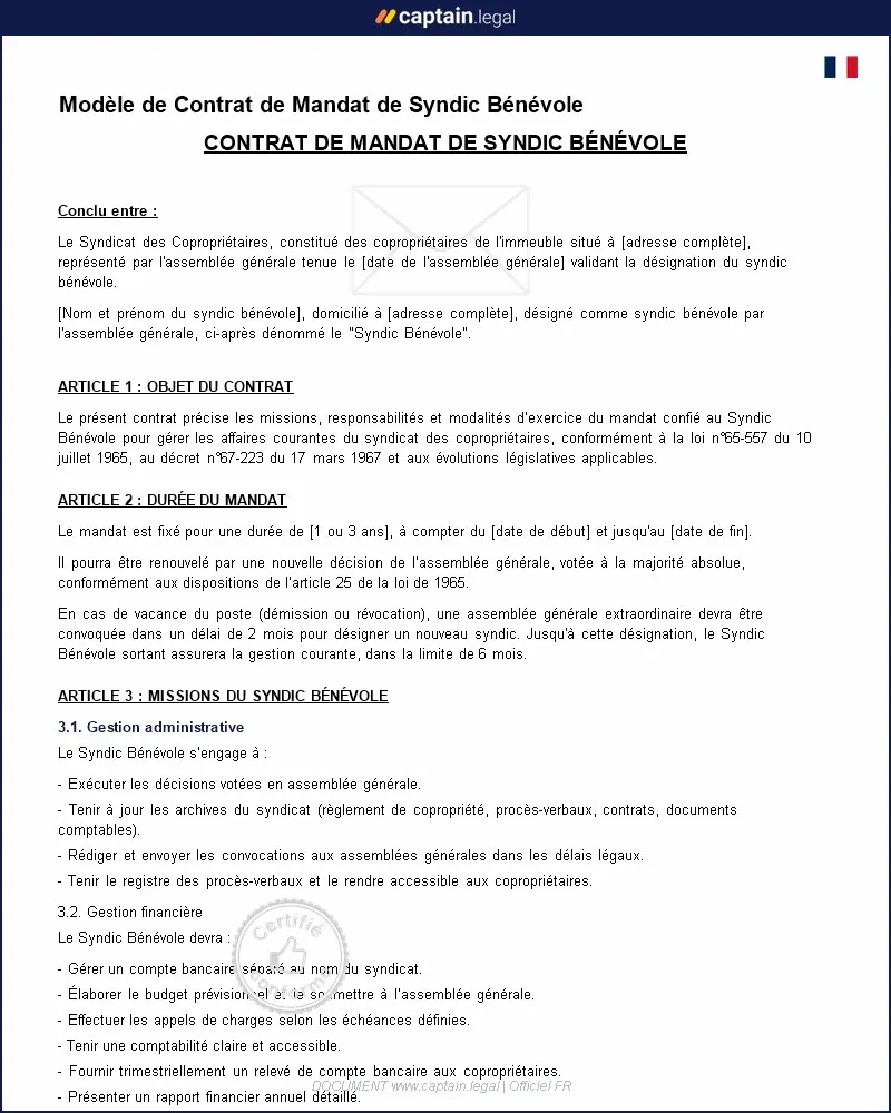 Personnalisez : Contrat de mandat de syndic bénévole à télécharger (Word & PDF)