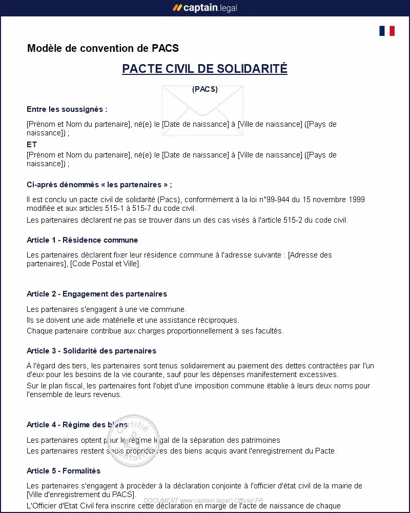 Personnalisez : Modèle de convention de PACS à personnaliser