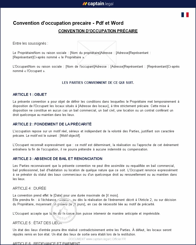 Personnalisez : Modèle de convention d'occcupation précaire – PDF et Word