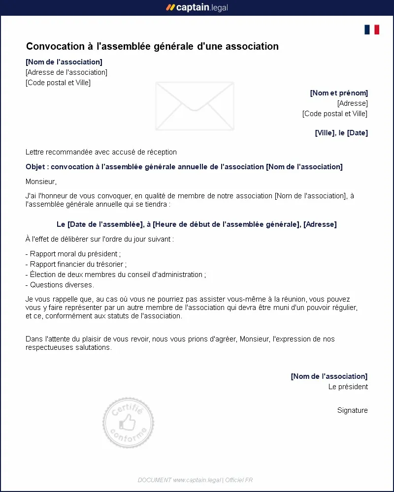 Personnalisez : Convocation à l'assemblée générale d'une association