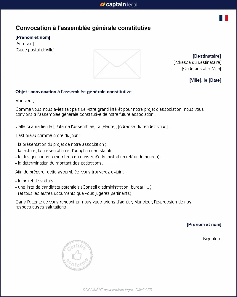Personnalisez : Convocation à l'assemblée générale constitutive d'une association