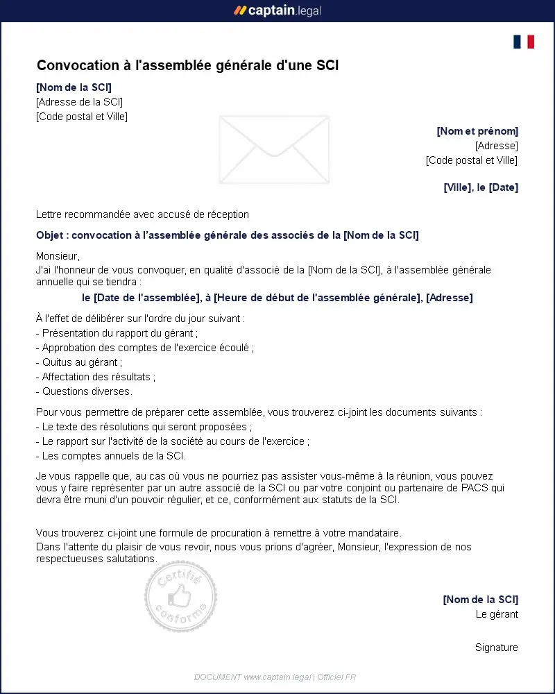 Personnalisez : Convocation AG - Société civile immobilière