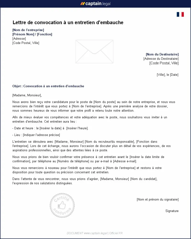 Personnalisez : Modèle de lettre de convocation à un entretien d'embauche