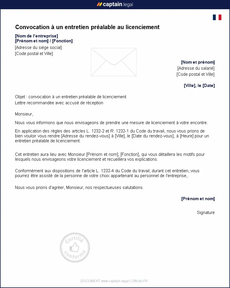 Personnalisez : Convocation à un entretien préalable au licenciement