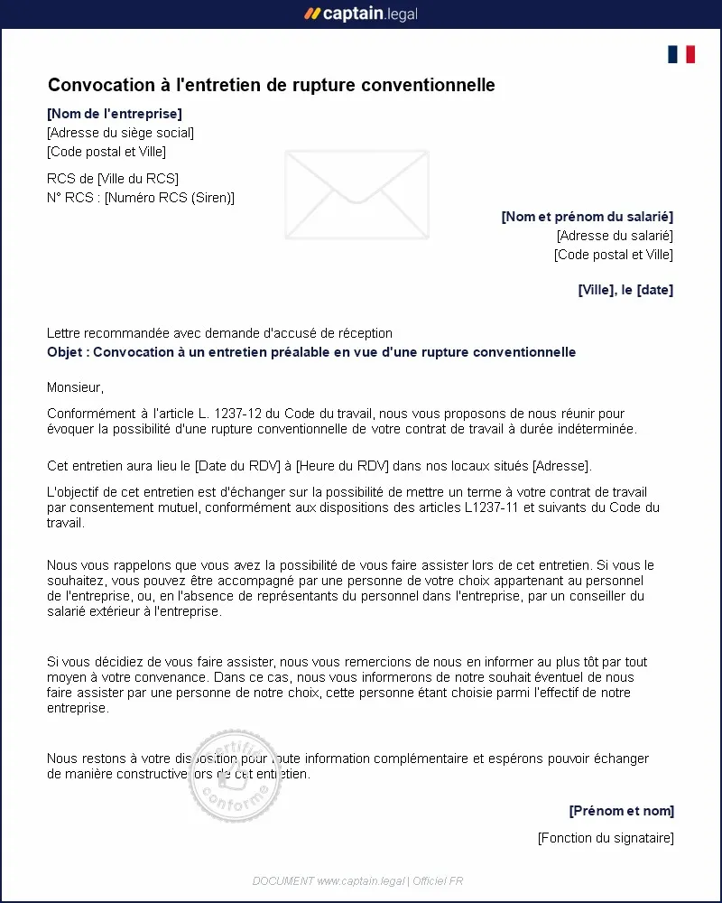 Personnalisez : Convocation à l'entretien de rupture conventionnelle