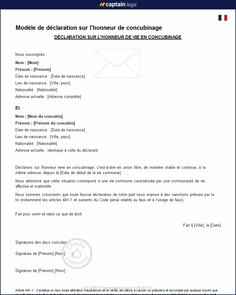 Personnalisez : Modèle de déclaration sur l'honneur de concubinage à remplir