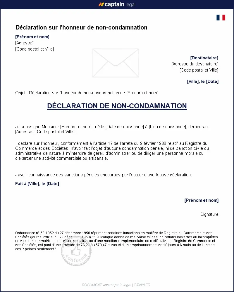 Personnalisez : Modèle  de déclaration sur l'honneur de non-condamnation
