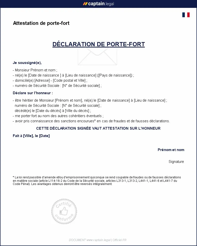 Personnalisez : Modèle d'attestation de porte-fort