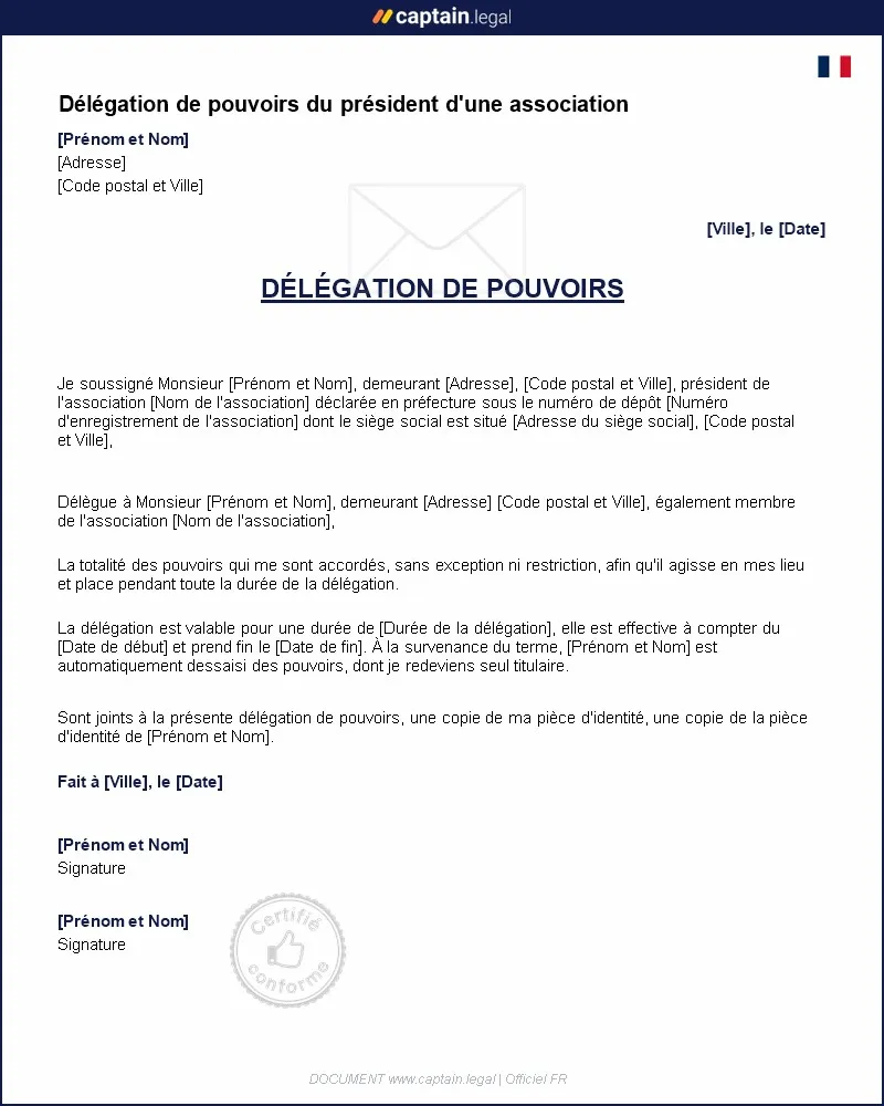 Personnalisez : Délégation de pouvoirs du président d'une association