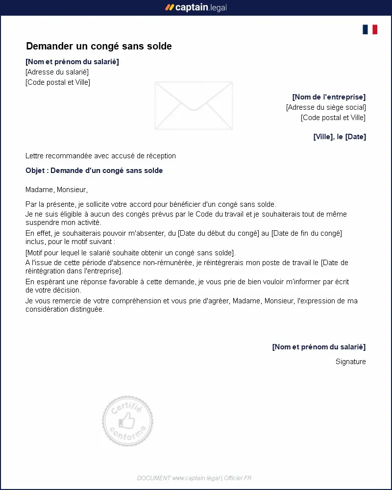 Personnalisez : Demande de congé sans solde à l'employeur