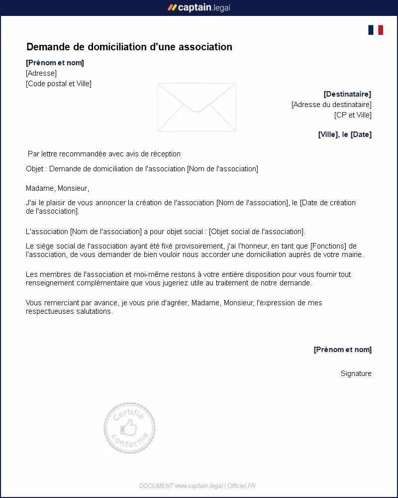 Personnalisez : Demande de domiciliation association - PDF et Word