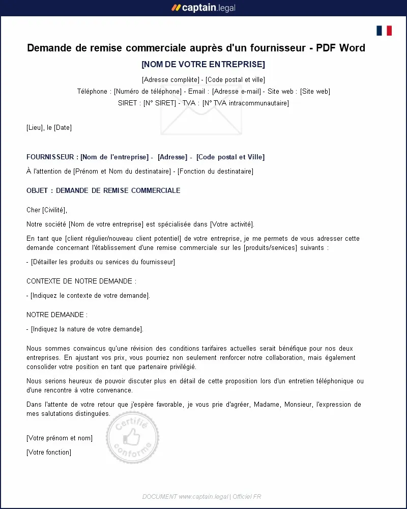 Personnalisez : Demande de remise commerciale à fournisseur