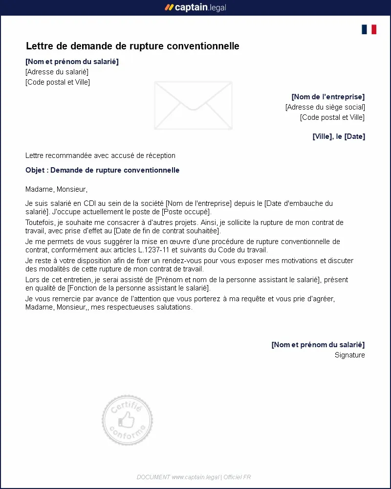 Personnalisez : Lettre de demande de rupture conventionnelle