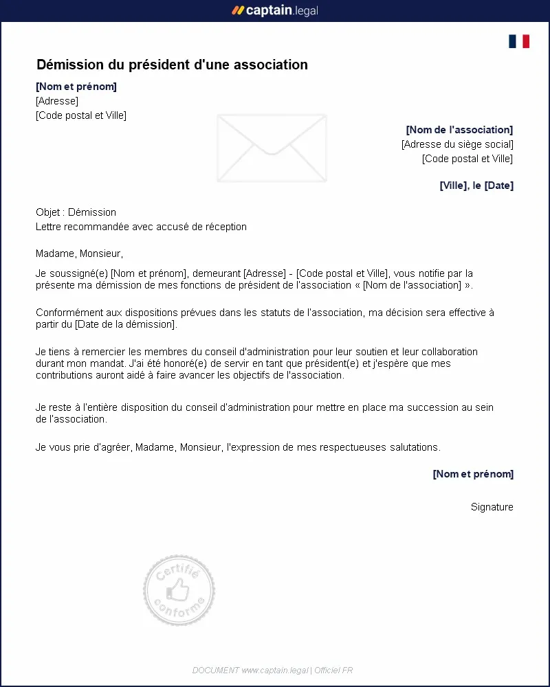 Personnalisez : Démission du président d'une association