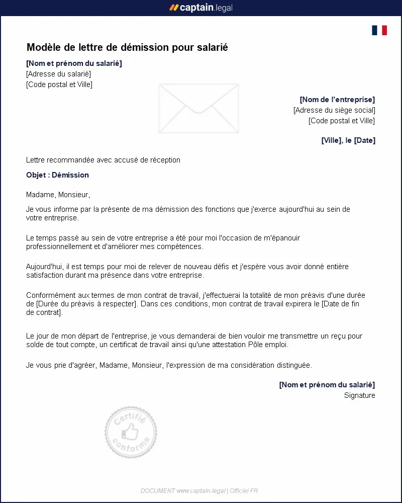 Personnalisez : Modèle de lettre de démission pour salarié - CDD et CDI