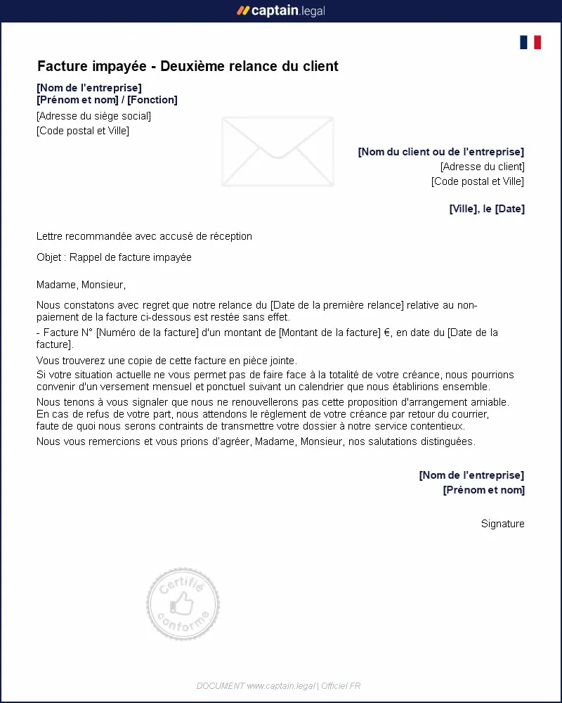 Personnalisez : Facture impayée : deuxième relance du client
